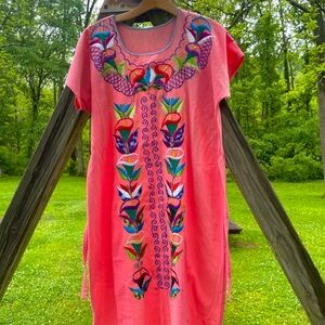 Vintage 60s 70s Caftan Dress Pink Embroidered Boho Funky Maximalist Roper party